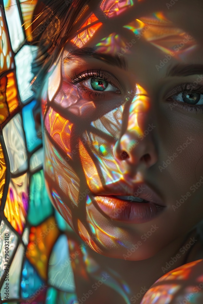 A beautiful woman with skin made of stained glass, close up shot. A beautiful woman with skin made of stained glass, close up shot.