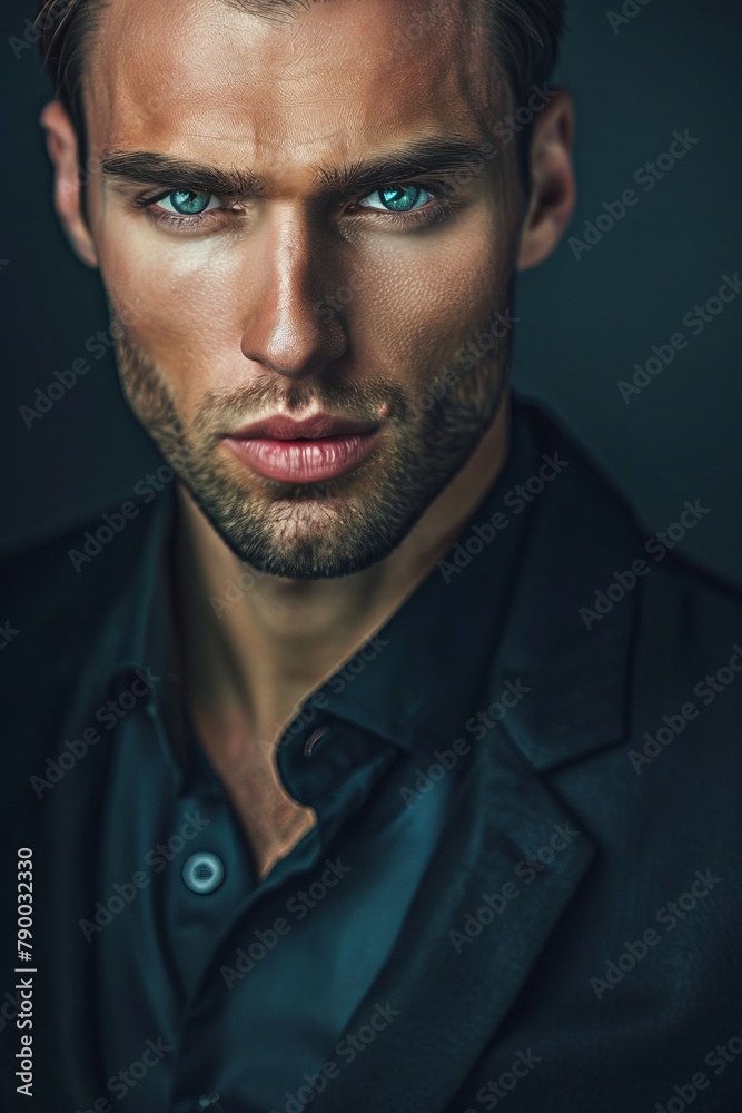 Fototapeta premium a perfectly smooth face looks into the frame, a portrait of an ideal very well-groomed beautiful serios man