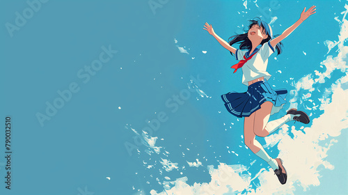 student girl jumping, anime style, school concept, education