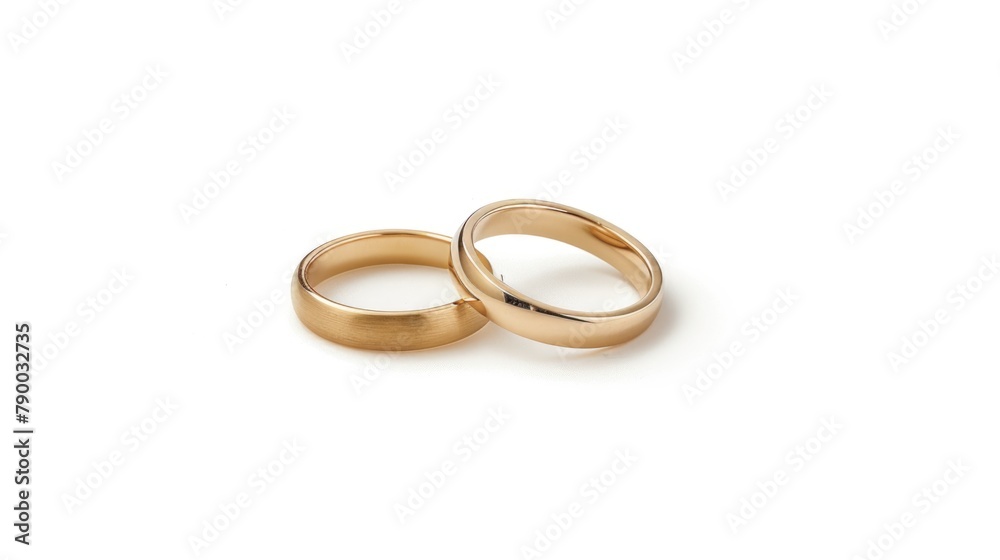 A pair of golden wedding rings isolated on a white background. A pair of golden wedding rings isolated on a white background.
