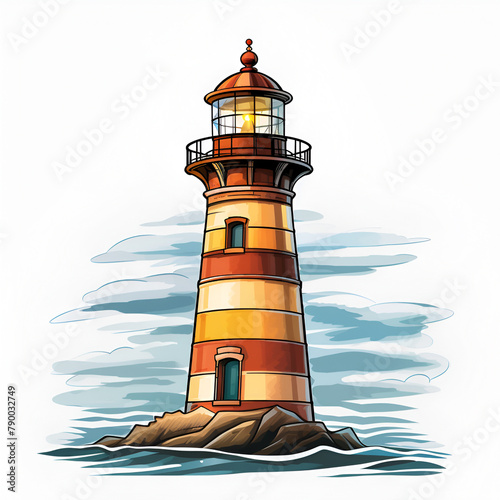 illustration of blue sea background with waves and mountains. lighthouse on the rocks, sea landscape with blue sky, fog.
