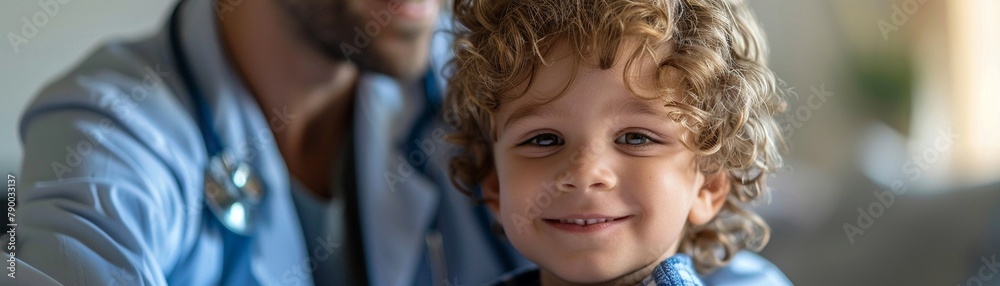 Stock photo of a doctor using a stethoscope on a child patient, conveying a sense of trust and gentleness in pediatric care Stock photo of a doctor using a stethoscope on a child patient, conveying a sense of trust and gentleness in pediatric care