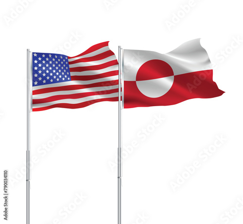 American and Greenland flags together.USA,Greenland flags on pole