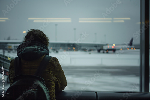 Artistic photograph featuring a Swedish traveler in a contemplative moment, looking out over the tarmac from a terminal window. photo