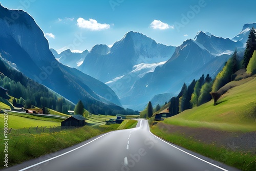 Urban pavement blue road background, scenic environment, nature, road among the Alps mountains, Klosters Serneus, Davos, Graubuenden pavement color illustration © Baloch Arts