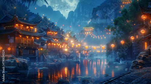 Beautiful fantasy mountain Chinese village decorated  © Daniel