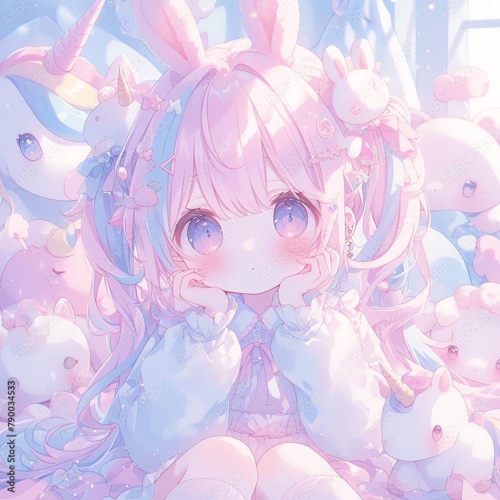 Anime girl with pastel-colored hair, surrounded by cute animal companions like unicorns and bunnies. Anime girl with pastel-colored hair, surrounded by cute animal companions like unicorns and bunnies.