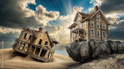 House constructed on the sand vs house constructed on a rock. Parable of the wise and foolish builders. Gospel of Matthew. Hearing Jesus' teachings and putting them into practice. Blue sky with sun photo