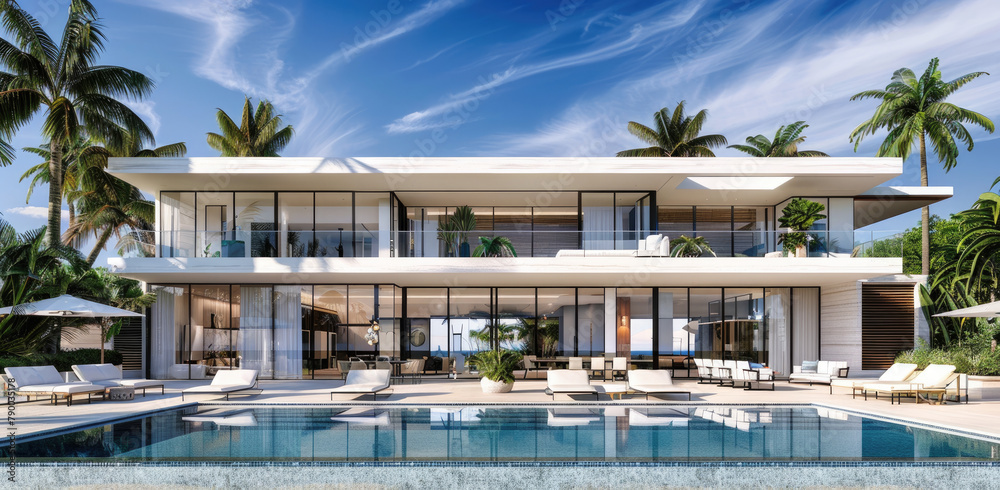 modern mansion with pool and outdoor seating, white walls, glass windows, tropical palm trees, blue sky, white modern architecture