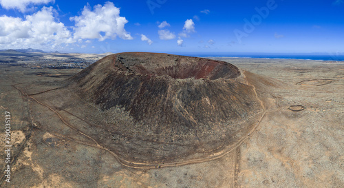 High aspect aerial panoramic view of Volcan Calderon Hondo volcano and crater near Lajares Corralejo in Fuerteventura Canary Islands Spain
