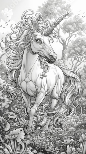 Fantasy  A coloring book illustration of a graceful unicorn with a flowing mane