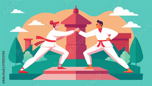 As a symbol of peace a sculpture of two martial artists engaged in a friendly sparring session stands tall in the town square inviting viewers