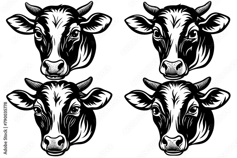 set of cow head icons vector silhouette on white background 