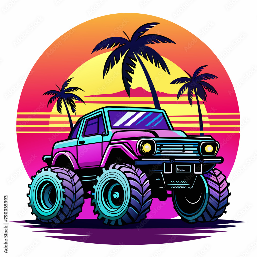 Vector art of synthase 4WD Monster Truck with pal trees and sunset, white background