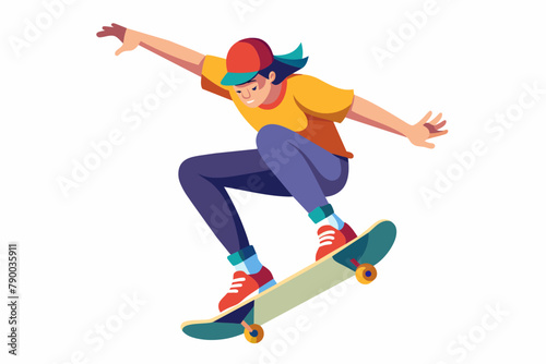 Skateboarder doing a kickflip white background