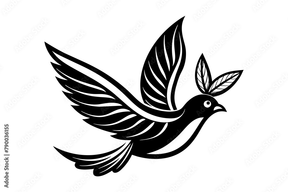 Obraz premium Flying bird icon logo with leave in his lips vector silhouette 