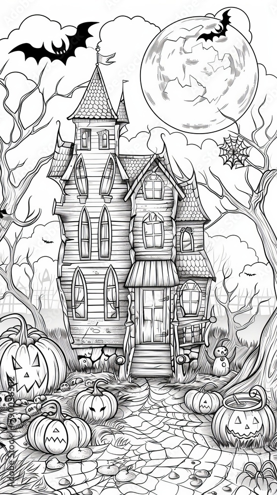 Holidays & Celebrations Coloring Book: A coloring page depicting a Halloween scene with a haunted house, bats, and a full moon