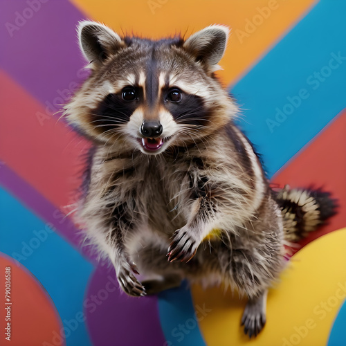 Portrait of a raccoon on a background of colored balls.