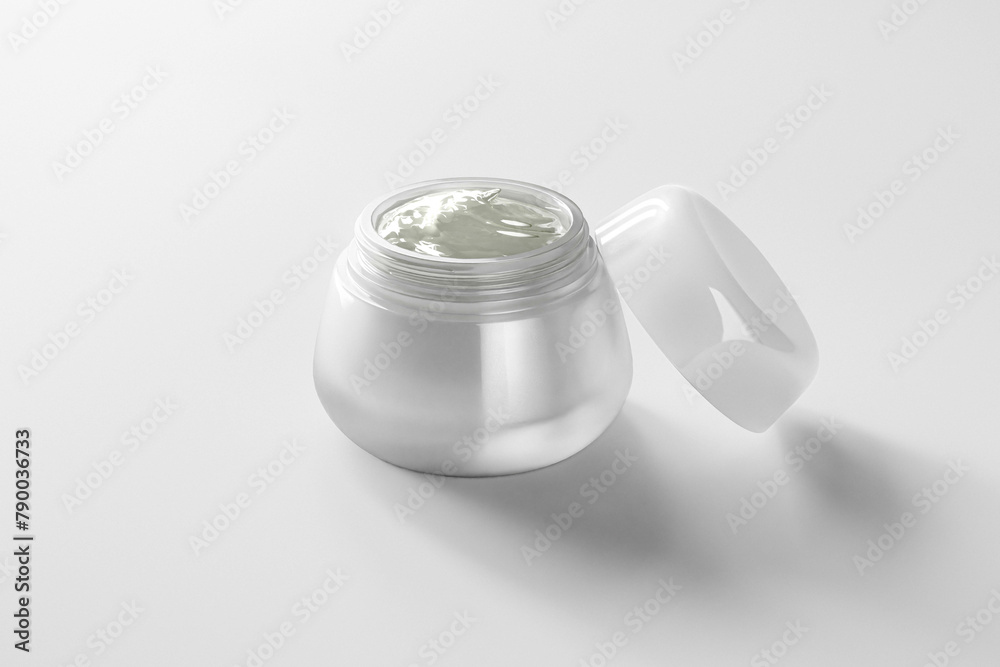 open lid skincare jar container mockup, luxury facial cream reveal in glass bottle, realistic 3D render purity gel product packaging, clean cosmetic bottle pack shot scene, modern unique makeup jar open lid skincare jar container mockup, luxury facial cream reveal in glass bottle, realistic 3D render purity gel product packaging, clean cosmetic bottle pack shot scene, modern unique makeup jar