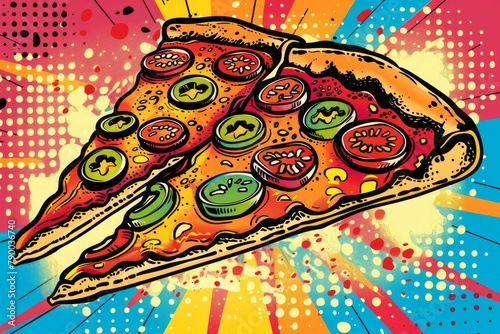 Colorful pop art pizza slice with diverse toppings  contrasting backdrop and dynamic composition