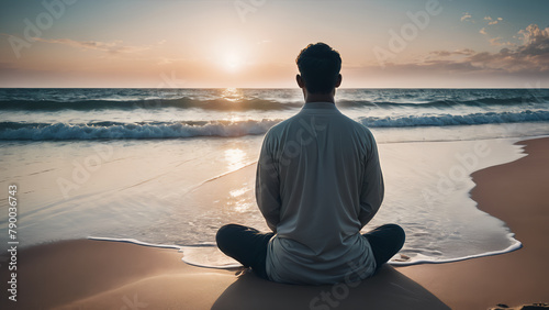 backview of man meditate on Sandy beach under sunset sky photo