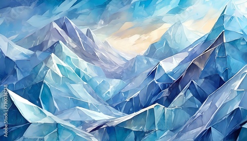Create an abstract background that features a geometric, crystalline structure resembling a frozen landscape. photo