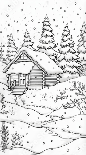 Nature scenes Coloring Book  An outline of a snow-covered cabin in a pine forest
