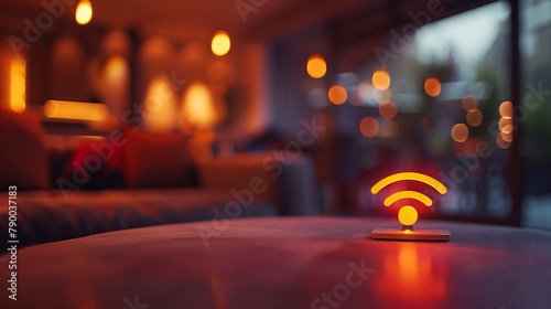 WiFi Symbol Illuminating a Cozy Corner in a Modern Cafe, Indicating Wireless Connectivity