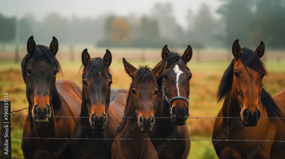 Row of Horses with Diverse Coats Standing Together at Fence in Countryside - obrazy, fototapety, plakaty 