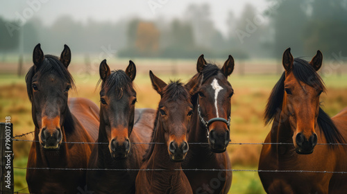 Row of Horses with Diverse Coats Standing Together at Fence in Countryside © thanakrit