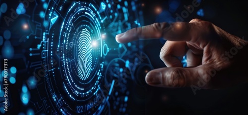 Businessman finger press on digital identity and biometric virtual screen for verification.