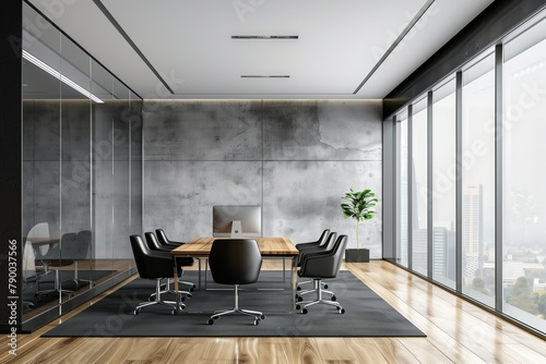 Modern office interior with gray walls, wooden floor and glass walls