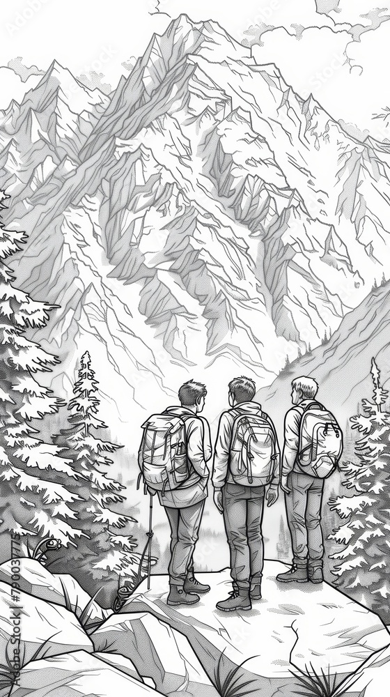 People: A coloring book page featuring a group of friends hiking in the mountains, with backpacks and hiking gear