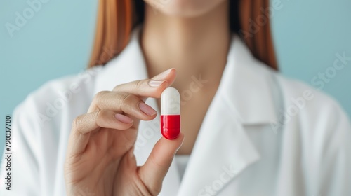 薬のカプセルをつまんだ白衣の女性、医薬品や医薬品による医療を伝えるイメージ
 photo