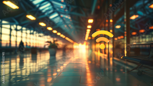Minimalist WiFi Symbol Glowing on a Shiny Floor in a Modern Airport