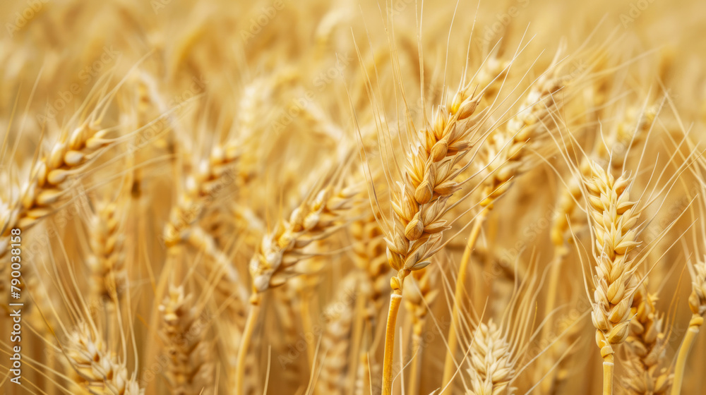 Golden wheat field with ripe ears of wheat standing tall, showcasing the textures of the grains ready for harvest Golden wheat field with ripe ears of wheat standing tall, showcasing the textures of the grains ready for harvest