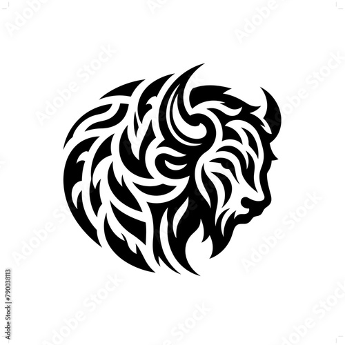 Bison; buffalo in modern tribal tattoo, abstract line art of animals, minimalist contour. Vector