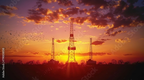 Oil Rigs at Sunset Skyline