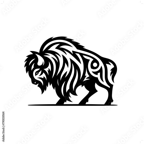 Bison; buffalo in modern tribal tattoo, abstract line art of animals, minimalist contour. Vector