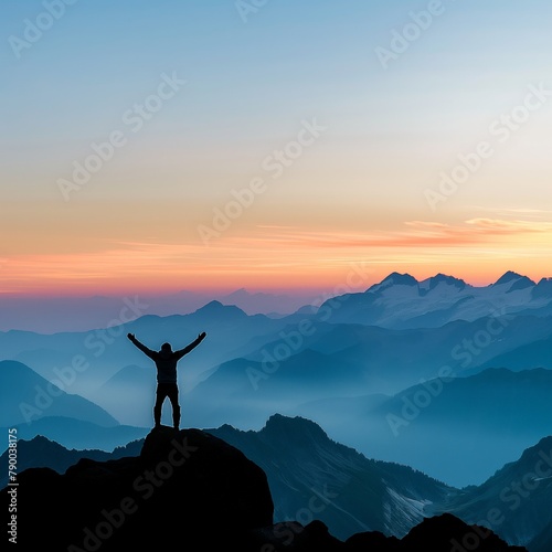 Silhouette of a person standing on a mountain peak raising arms against sunset sky.