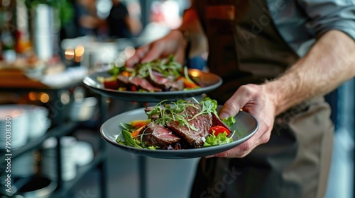 A waiter carrying plates with meat and salad on the plates.