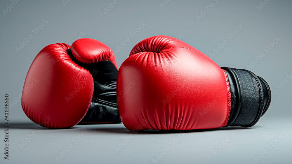 Red Boxing Gloves on Gray Background. Symbol of Strength and Determination. Sports and Healthy Life Concept.