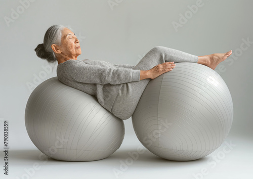 Mujer anciana haciendo ejercicio de equilibrio y fuerza con dos pelotas de pilates gris claro, apoyada en ambas, sujetándolas con piernas y espalda, concentración, musculatura, rehabilitación, yoga