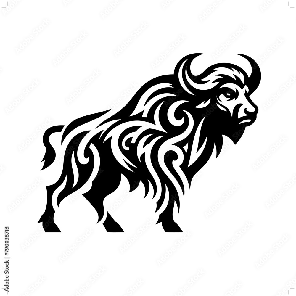 Bison; buffalo in modern tribal tattoo, abstract line art of animals, minimalist contour. Vector