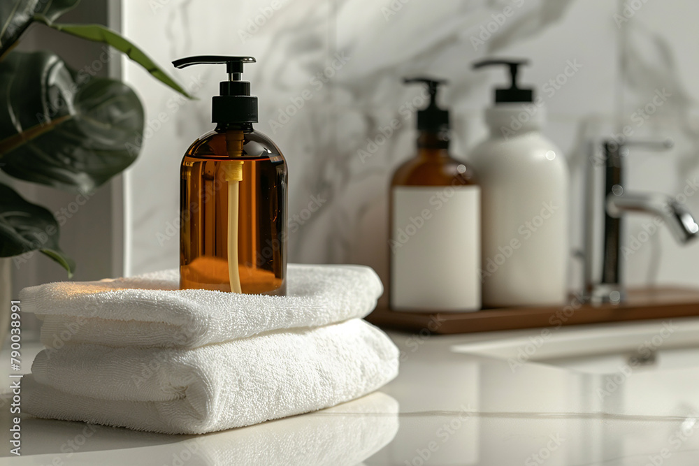 Mockup of a hand wash bottle on a creamy marble generated.Ai Mockup of a hand wash bottle on a creamy marble generated.Ai