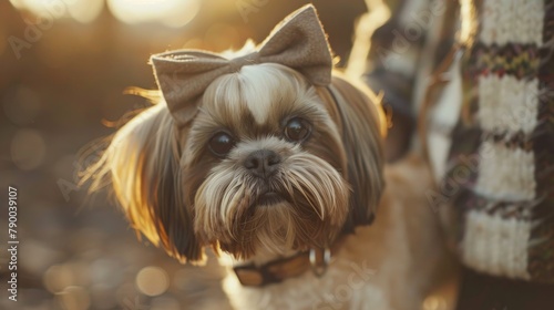Close Up Portrait of a Shih Tzu with Unique Head Features and Stylish Bow Walking with Owner