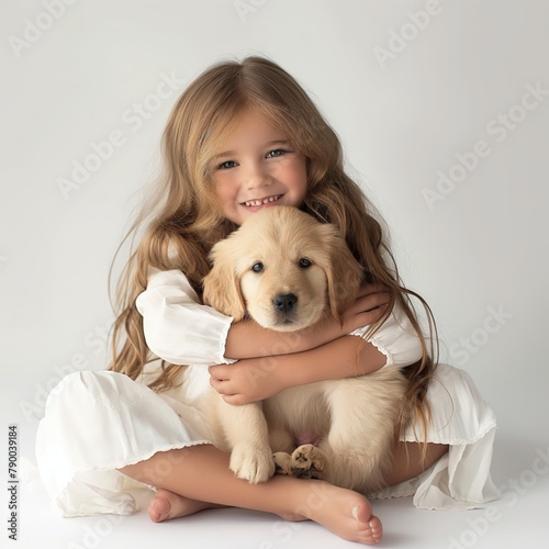 A smiling young girl hugging a golden retriever puppy on a white background.