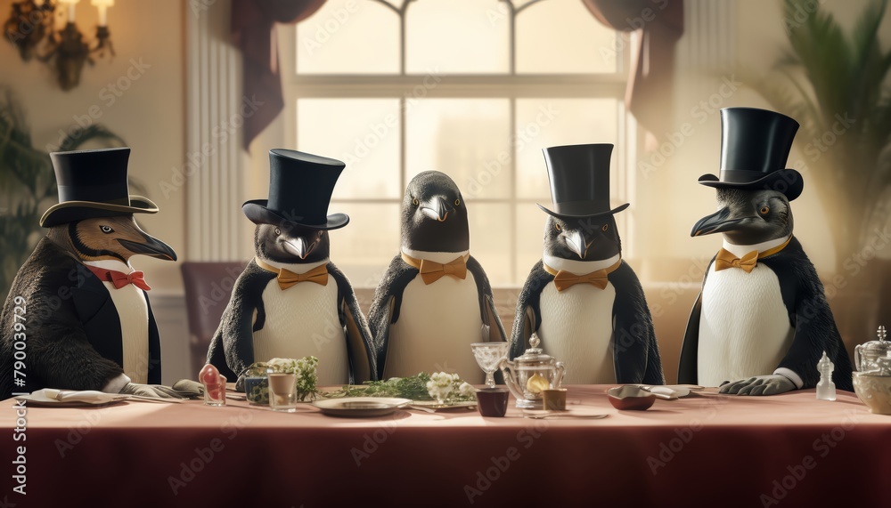 A team of penguins, led by a distinguished emperor penguin in a top hat, presented their revolutionary fish delivery service to a panel of impressed seals