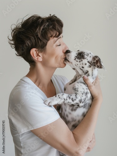 Intimate and tender moment as a woman kisses her spotted puppy, a symbol of love and companionship.