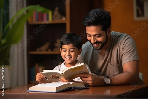 indian father teaching or helping the son for reading a book